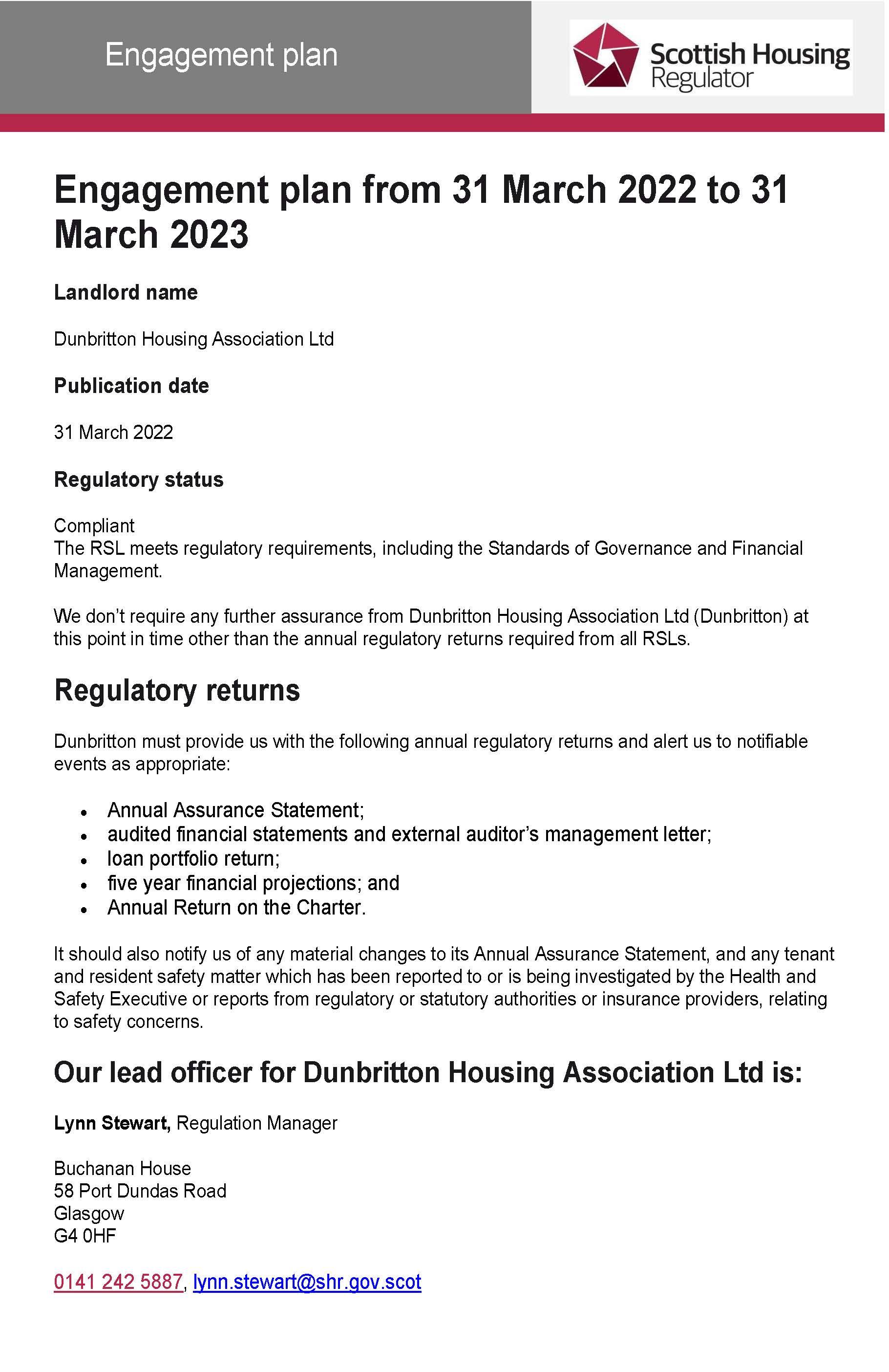 Housing Regulator Engagement Plan 2022-23